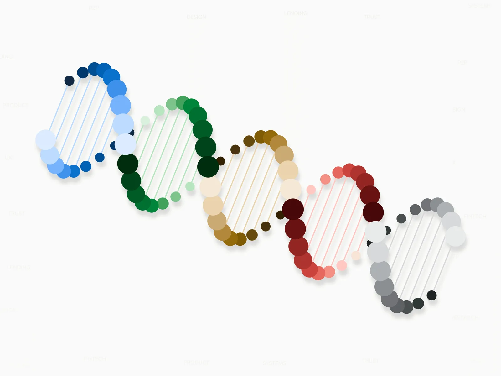 Five colour families, Blue, Green, Amber, Red, Neutral, drawn as a continuous wave of tone stops from darkest to lightest