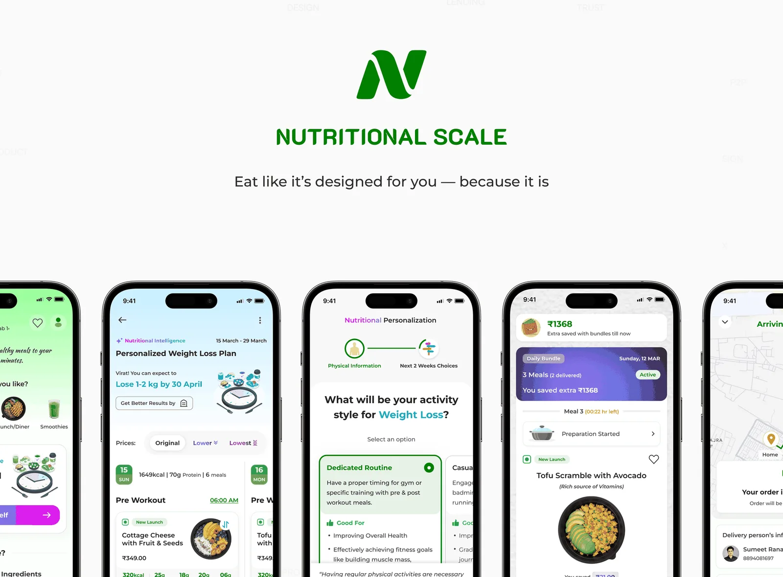 Nutritional Scale app screens: a personalized weight-loss meal plan, an activity-style personalization question, and a live meal-delivery order tracker