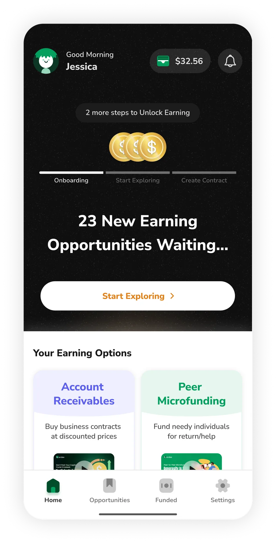 Rejected first-time home direction: a dark hero with a minimized, three-step stepper, a live count of new earning opportunities, and a single "Start Exploring" call to action
