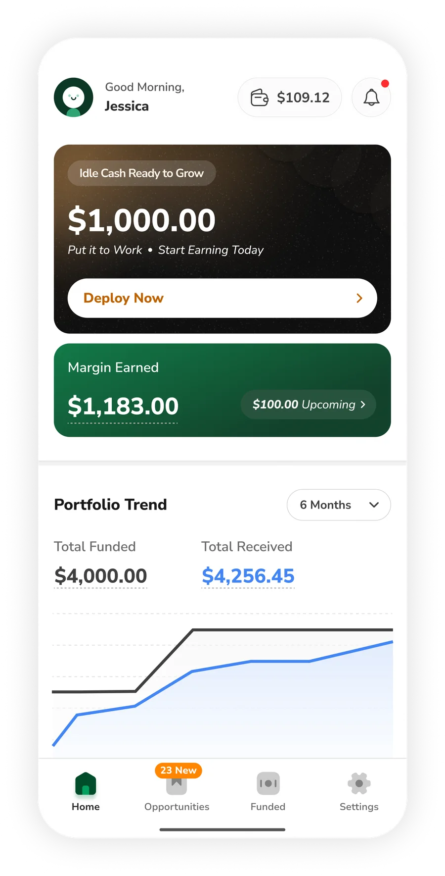 Rejected returning-home direction: an "Idle Cash Ready to Grow" card with a $1,000 balance and a "Deploy Now" CTA, wallet balance shown in the header, above a Margin Earned card and portfolio trend chart