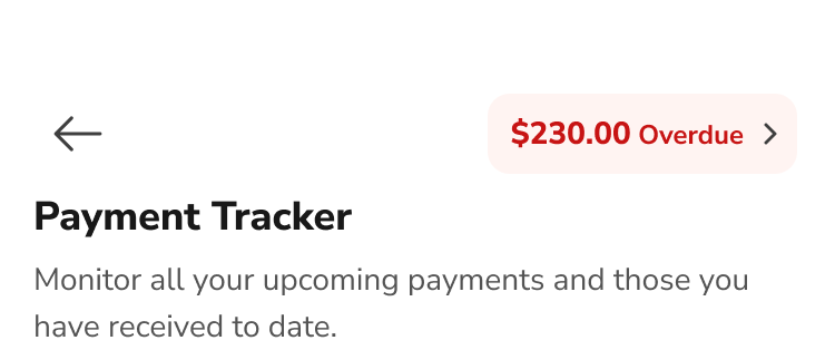 Back arrow, $230.00 overdue badge, Payment Tracker title and description