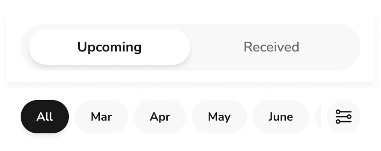 Upcoming and Received toggle, with All, Mar, Apr, May, June filter chips and filter icon