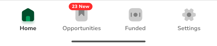 Fixed bottom navigation: Home, Opportunities, Funded, Settings