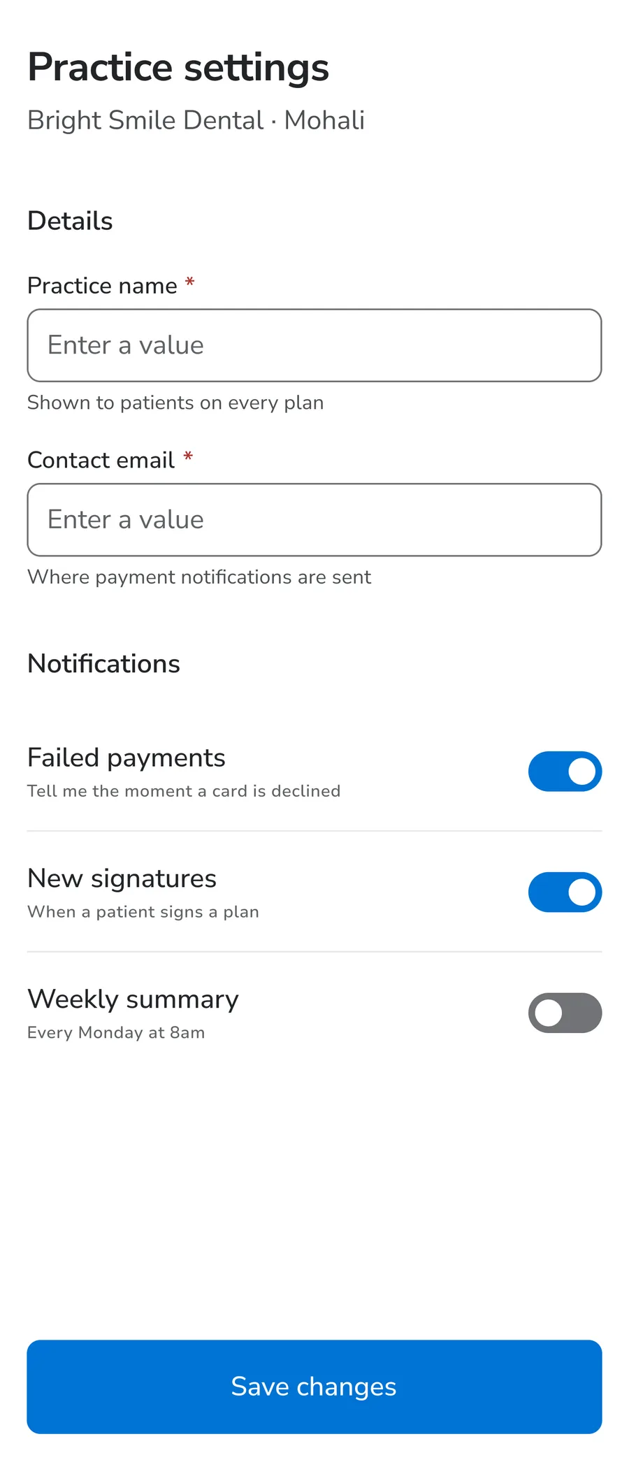 Mobile settings test screen: two required text fields with helper text, then three notification rows with toggles, above a full-width save button.