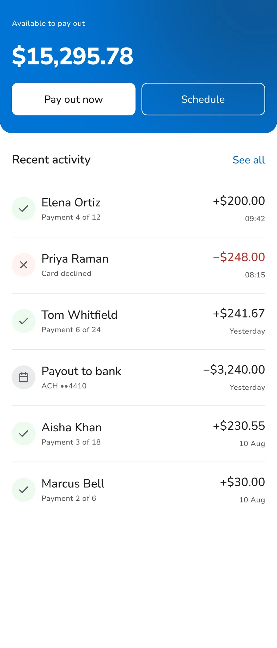 Mobile wallet test screen: brand-filled balance card with two buttons on it, above a recent activity list mixing successful payments, a declined card and a bank payout.